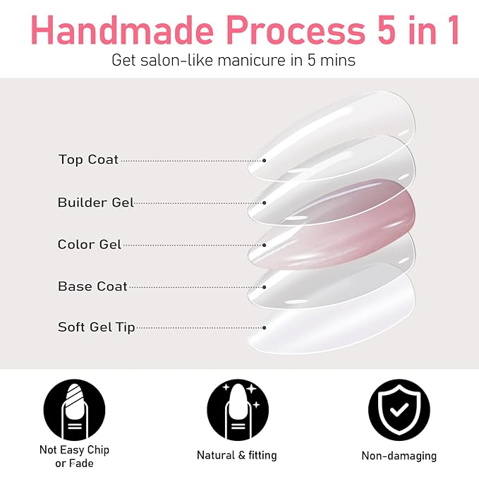 Press On Nails Short Almond Ombre Pink Fake Nails with Chrome Glossy 15 Size in 30 Nail Tips Kit with Nail Glue Remover,Glue On Nails for Busy Mom