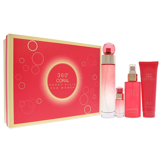 Perry Ellis 360 Coral 3.4oz EDP Spray, 4oz Body Mist, 3oz Shower Gel, 0.25oz EDP Spray Women 4 Pc Gift Set