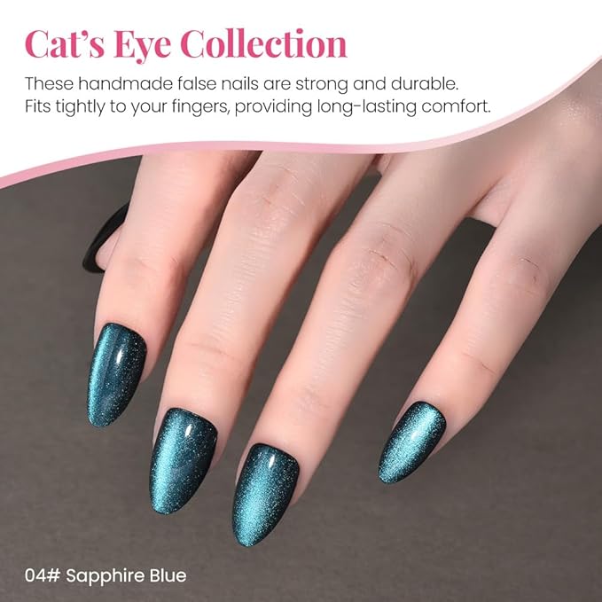 evpct Dark Blue Press on Nails Almond Short, Sapphire Royal Blue Cat Eye Glitter Press on Nails for Women Gift, Soft Gel Press Glue On Nail with Nail Glue, 60Pcs Reusable Acrylic Fake Nails Kit