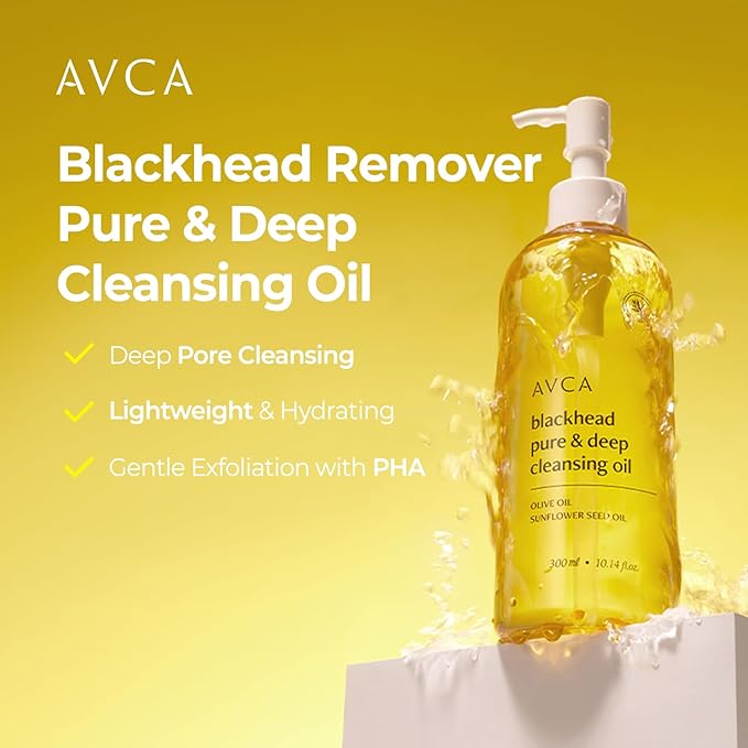 AVCA Blackhead Remover Cleansing Oil 10.14 fl.oz.(300ml) - Makeup & Blackhead Remover, PHA Gentle Exfoliator, Lightweight Pore Cleanser, Korean Skincare for Normal & Oily Skin