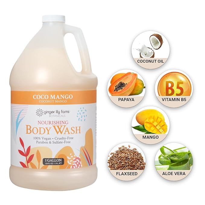 Ginger Lily Farms Botanicals Nourishing Body Wash, Coco Mango, 100% Vegan & Cruelty-Free, Coconut Mango Scent, 1 Gallon (128 fl oz) Refill