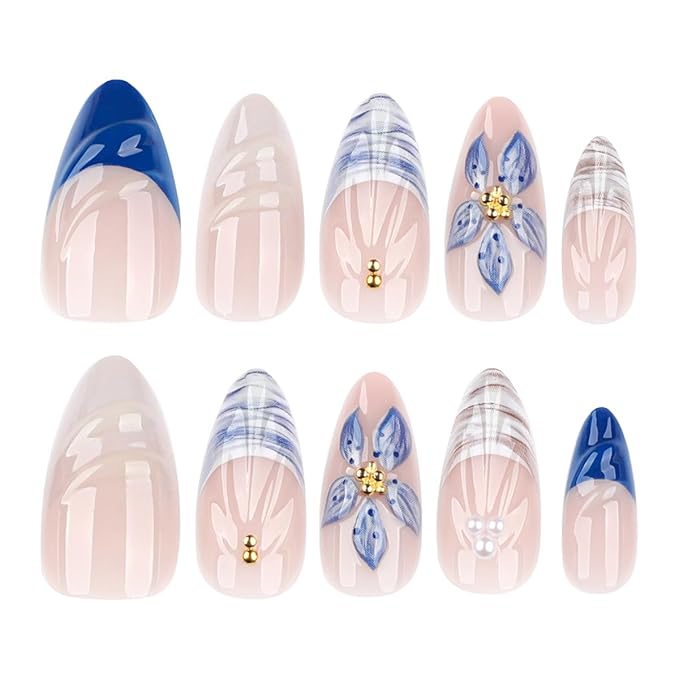 24Pcs French Tip Press on Nails Medium Almond Blue Flower Fake Nails 3D Flower Shell with Gold Bead Pearl Glitter Full Cover Cute Glue on Nail Summer Beach False Nails for Women Acrylic Nails DIY