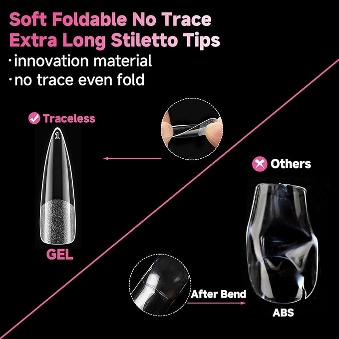 UNA GELLA XXL Stiletto Nail Tips, 312pcs Pre-shape Extra Long Stiletto Nails Tips Pre Etched Full Cover No Need File Clear Fake Nails for Party DIY Christmas Art Salon 12 Sizes