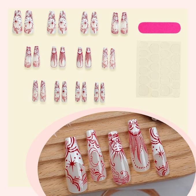 Long Press on Nails Coffin Fake Nails French Tip False Nails Red Artificial Nails with Designs Stick on Nails for Women 24pcs