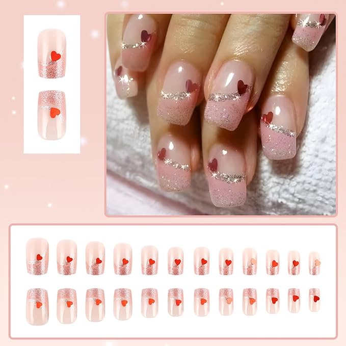 24Pcs Heart Press on Nails Medium Square Fake Nails Pink French Tip Glue on Nails Valentines Press ons Pink Stick on Nails Valentines Artificial False Nails for Women DIY Acrylic Nails Charms