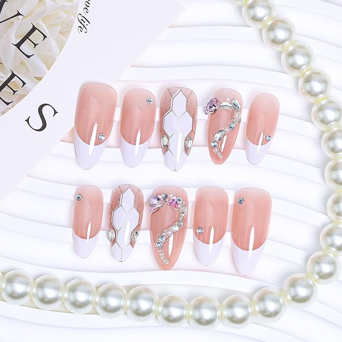 French Tip Press on Nails Medium Almond Fake Nails 3D Snake Rhinestones Design Nude Pink Acrylic Nails White French Nails Tip Glossy Glue on Nails Full Cover Artificial False Nails for Women 24Pcs