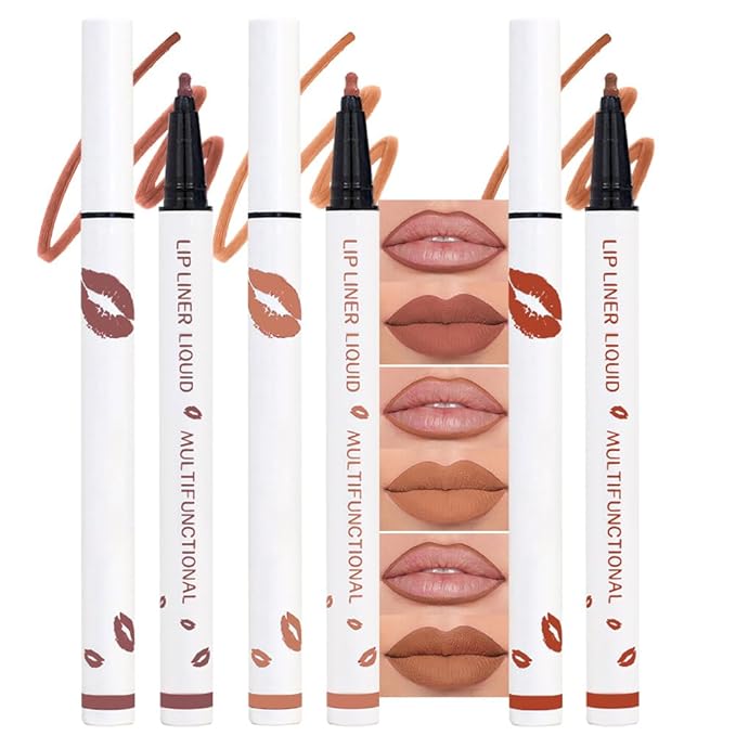 3Pcs Longwear Liquid Lip Liner Stain Marker Pen Set Long Lasting Waterproof, Mocha Light Nude Brown Matte Permanent 24 Hour Lip Liner and Lipstick Combo Color Stay Lipliner All Day Lip Stains peel off