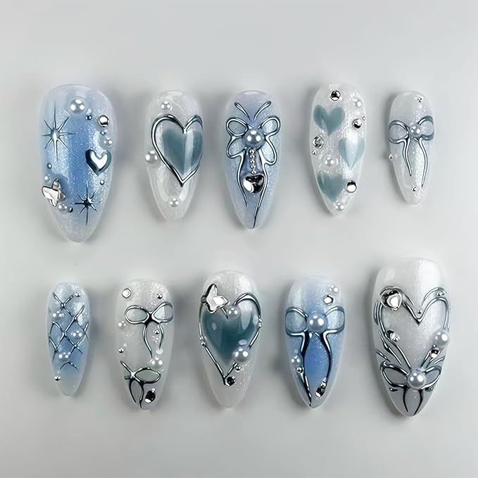 24Pcs Blue Press on Nails Medium Almond Fake Nails with 3D Silver Heart Bow Designs Pearl Rhinestones False Nails Blue White Glossy Acrylic Nail Tips Kit Full Cover Artificial Glue on Nails for Women