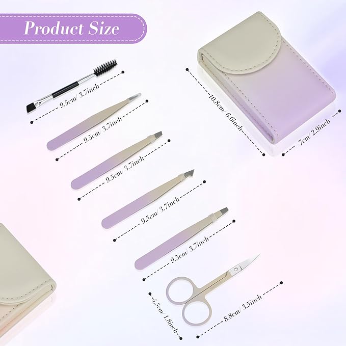 6 PCS Tweezers Set for Women, Eyebrow Tweezers Set with Curved Scissor for Ingrown Hair, Plucking Daily Beauty Tool with Leather Travel Case for Gifts (Gradient Purple)