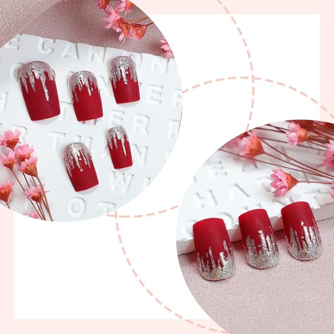 Square Press on Nail Medium Length Red Acrylic Nails with Design Glitter Fake Nails for Women and Girls 24pcs