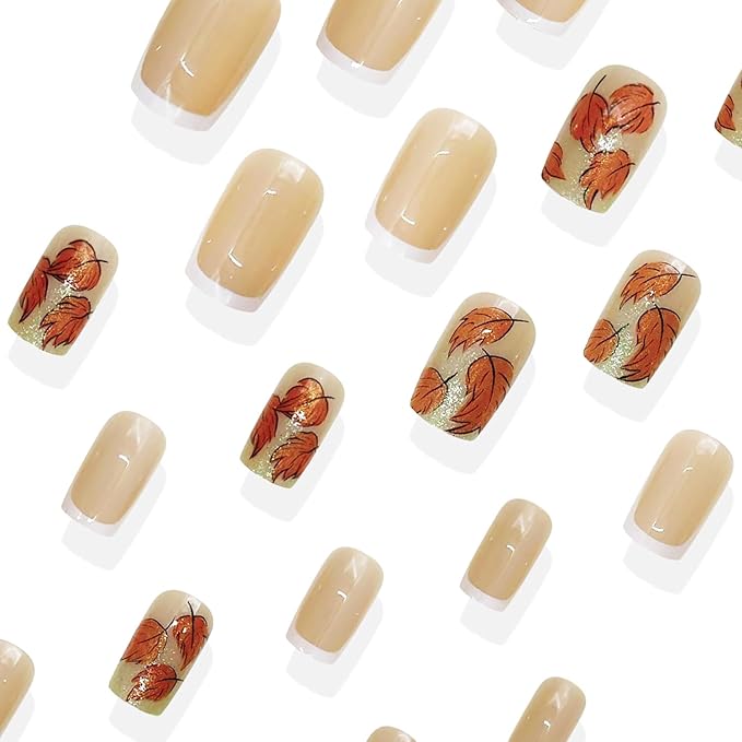 24Pcs Fall Press on Nails Short Square Thanksgiving Fake Nails with Glitter Autumn Maple Leaves False Nails French Tip Stick on Nails Fall Artificial Acrylic Nail Tips for Women Holiday Nail Decor