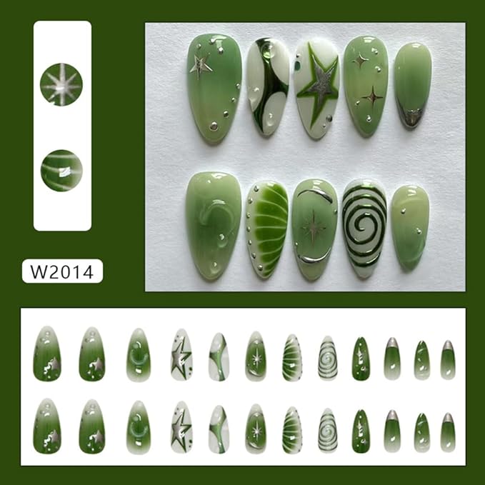 24Pcs Green Press on Nails Medium Almond Fake Nails with Irregular Silver Star Designs Qingti Bubble Reusable Acrylic Nails Full Cover Artificial Glue on Nails for Women Daily Wear Decoration