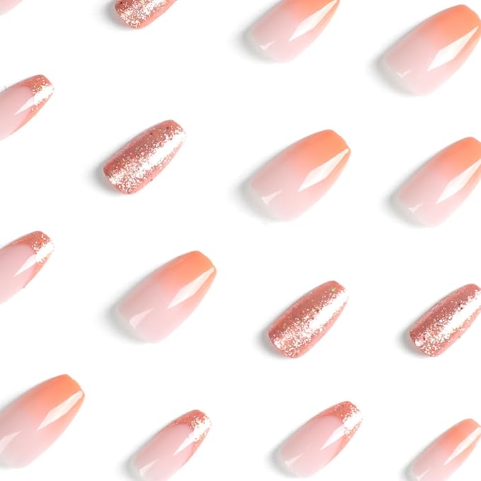 Gradient Orange Press on Nails Short Coffin - Golden Glitter Short Fake Nails Press ons, Full Cover Glue on Nails Glossy Artificial Acrylic Nails for Women 24 Pcs