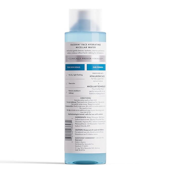 Eucerin Face Gentle Cleansing Hydrating Micellar Water, Face Cleanser and Makeup Remover with Hyaluronic Acid, 13.5 Fl Oz Bottle