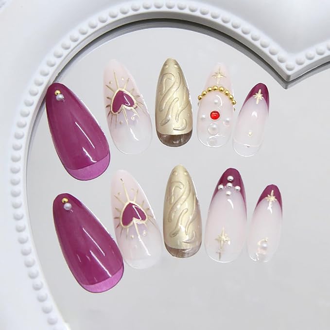 Press on Nails Long Almond Fake Nails Heart Star Gold Design French Tip False Nail Stick on Nails with Pearl Rhinestones Glossy Acrylic Reusable Nail Daily Wear DIY Nail Decoration Supplies for Women
