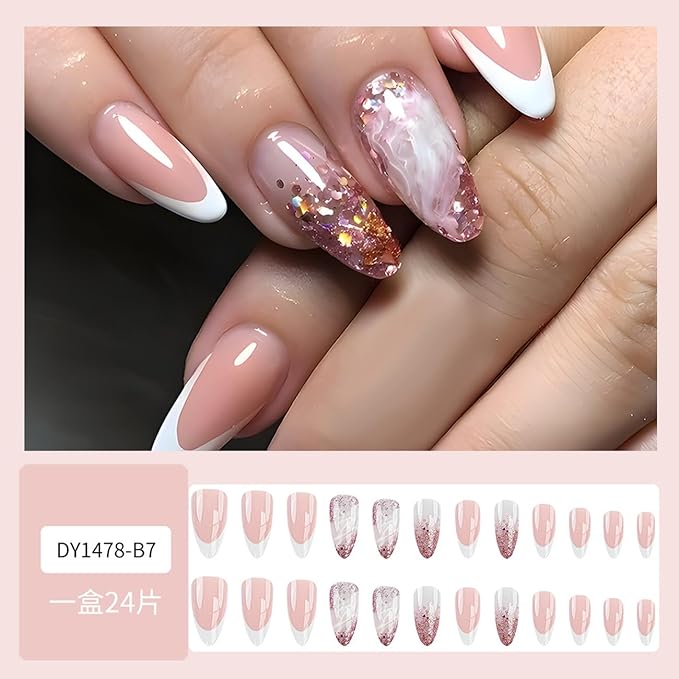 French Tip Press on Nails Medium Length Square - French Manicure Press on Nails Starry Sky Sparkly Design,False Nails high-end feeling Flashing pink Glossy Reusable Stick on Nails Medium French Nails