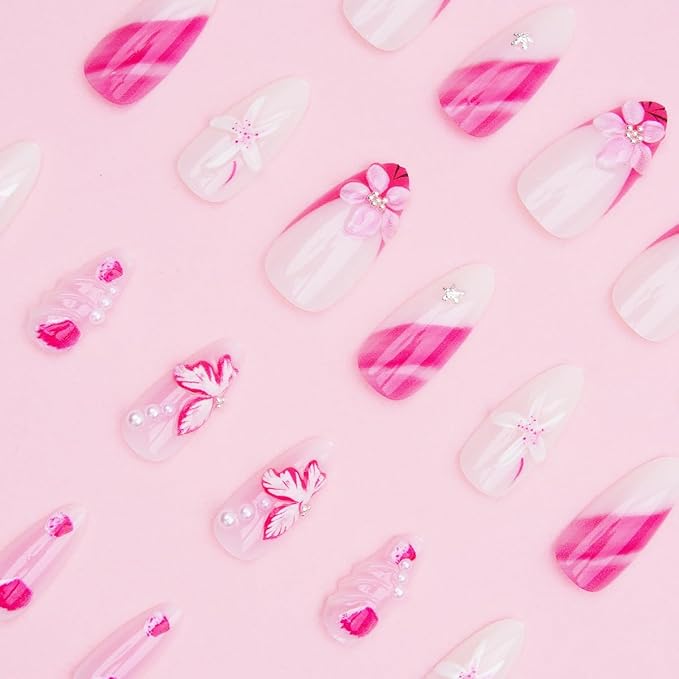 24Pcs Pink Flower Press on Nails Medium Long Almond Fake Nails 3D Flower Acrylic Nails Silver Beads Starfish Gem Spring Summer Glue on Nail Pink French Tip False Nails Cute Stick on Nail for Women