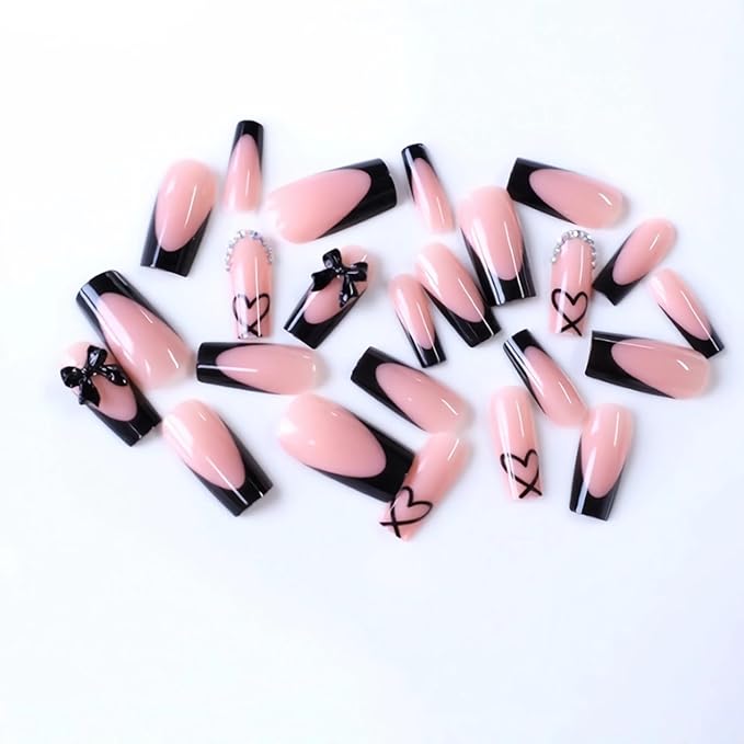 BABALAL Press on Nails Long Square Fake Nails Black French Tip Glue ons with Bow Charm Rhinestone Shiny Supplies 24Pcs Manicure Full Cover Acrylic False Nails
