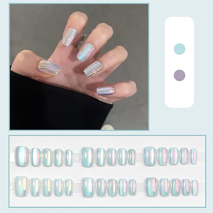 Chrome Press on Nails Short Square Fake Nails Metal Mirror Designs Glossy Acrylic Nails Blue Squoval Press ons Ombre Glue on Nails Stick on Nails for Women Girls Manicure 24 Pcs, Style 28