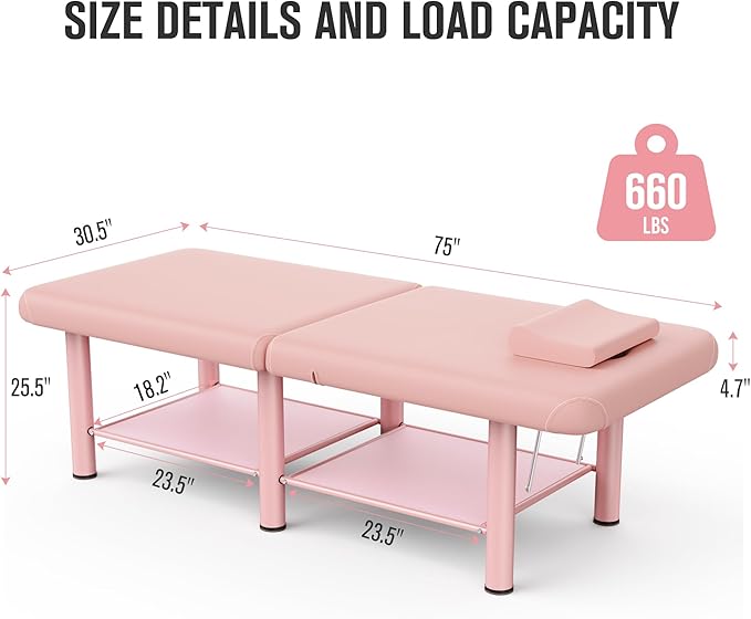 Folding Stationary Massage Table with Backrest and Storage Space, 6 Round Legs Metal Frame PU Leather, 30.5'' Wide × 75'' Long for Treatment Table Physical Therapy Table Spa Facial Bed, Pink