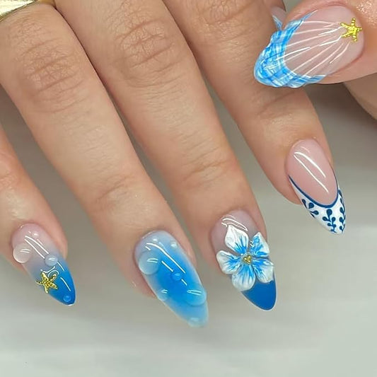 24Pcs Blue Flower Press on Nails Short Almond French Tip Fake Nails 3D Gold Rhinestones Flower Core Design Summer Starfish False Nails Cute Stick on Nails Full Cover Glue on Nails for Women Acrylic