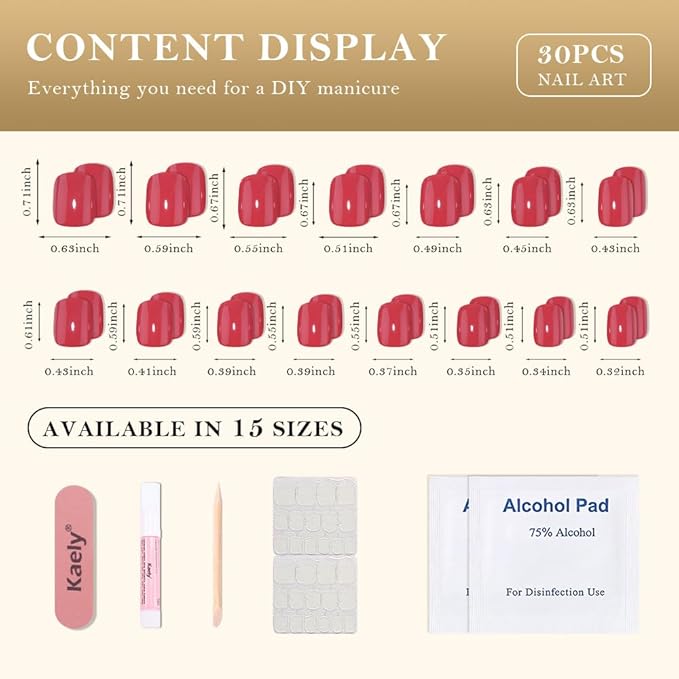 evpct Acrylic Red Glossy Press on Nails Short Square, Glossy Red Fake Nails Summer Reusable False Nail Stick Glue on Press ons for Women Gifts, Perfectly Fit Durable False Nail Kit with Gel Glue 30Pcs