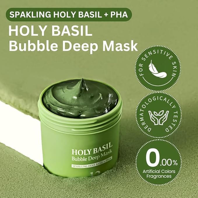 Holy Basil Bubble Deep Mask – Holy Basil & Carbonated Water for Cleansing Pores & Blackheads, Korean Clay to Bubble Wash-Off Pack (90g / 3.17 oz) (1P)