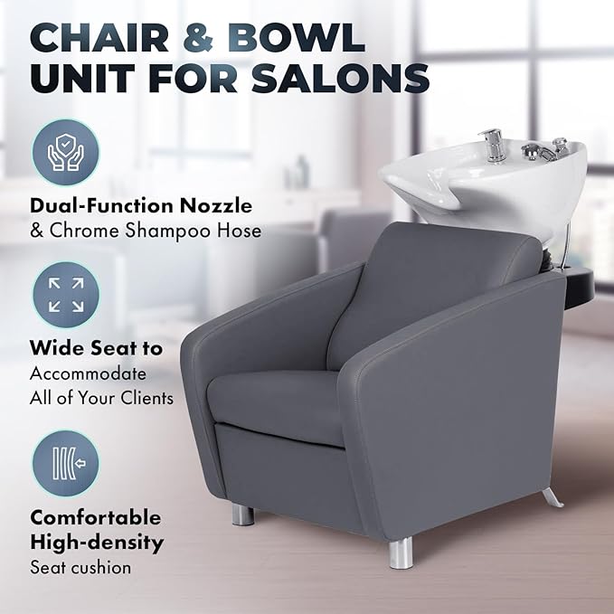Buy-Rite Shelby Backwash Unit - Professional Salon Shampoo Chair with Deep Tilting White Porcelain Bowl, Dual Function Nozzle, Extra Wide Seat & Lumbar Support - Grey, YLG-556-GRAY