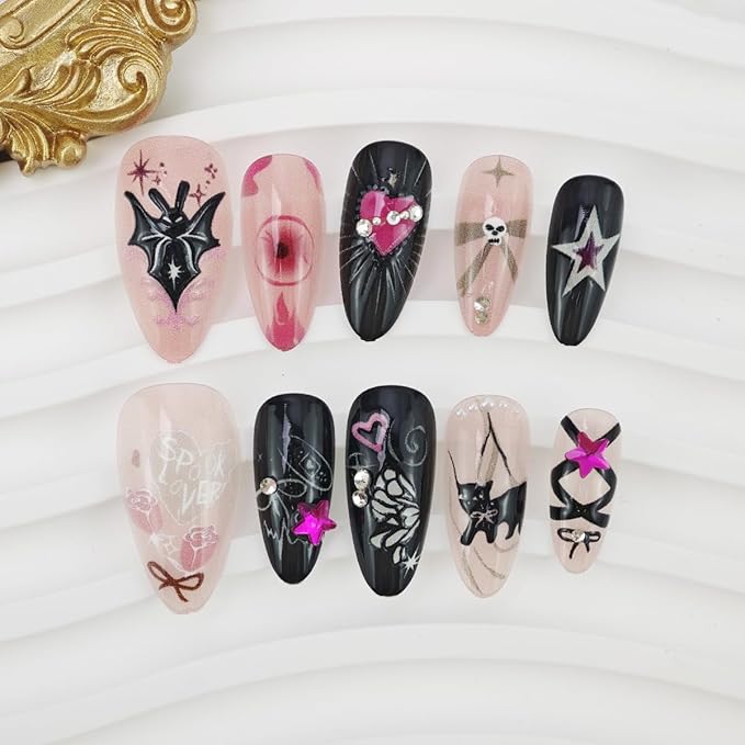 24Pcs Goth Press on Nails Medium Almond Fake Nails Bow Bat Cat with Rhinestones Glitter Design Full Cover Black Pink Stick on Nails Artificial Y2k Nails Halloween False Nails for Women Acrylic Nails