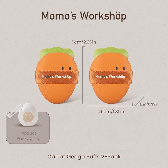 Momo’s Workshop Carrot Makeup Sponge – Dual-Use PU Beauty Sponge with Lychee Leather Handle, 16mm Hydrophilic Sponge for Foundation Coverage, Dry/Wet Application,2pcs with Case