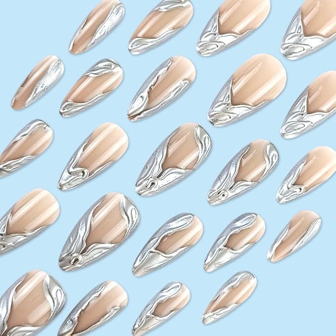 Long AlmondPress on Nails with Silver Foil Art Nude Base Fake Nails Stick on Nail for Women 24pcs