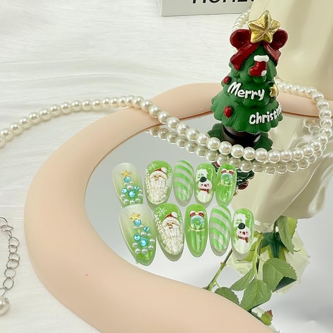 30Pcs Christmas Press on Nails Medium Almond Fake Nails Winter Acrylic Nails Snowman Santa Designs Green Christmas False Nails Snowflake Xmas Tree with Rhinestones Full Cover Stick on Nail for Women