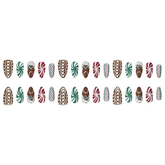 30Pcs Christmas Press on Nails Medium Almond Fake Nails Christmas Red and Green Xmas Candy False Nails with Glitter Heart Stripe Pattern Brown Artificial Nails Handmade Stick on Nail for Women DIY