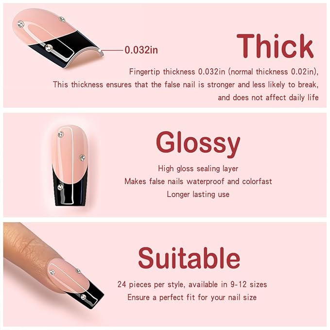 Yivaiks French Tip Nails - Black Press On Coffin Nails, Acrylic, 24pcs