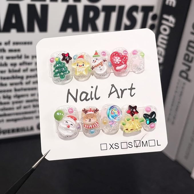 10Pcs Christmas Press on Nails Petite Square Fake Nails Santa Claus Elk Christmas Tree Rhinestones Glitter Full Cover Stick on Nails Cute Winter False Nails Xmas Glue on Nail for Acrylic Manicure