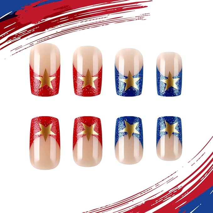 Fourth of July Press on Nails Independence Day Fake Nails French Tip False Nails Red Blue Fireworks with Star Design Glitter Stick on Nail Full Cover Acrylic Glue on Nail for Women Decor Manicure