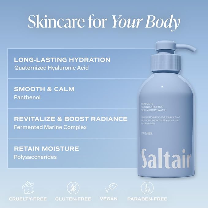 Saltair Body Wash, Seascape 2-Pack. Moisturizing Body Cleanser with Monoi Oil and Cupuacu Butter. Luxury Shower Gel for Women and Men. Vegan, Cruelty-Free, Paraben-Free. 2x 17oz Pump Bottles