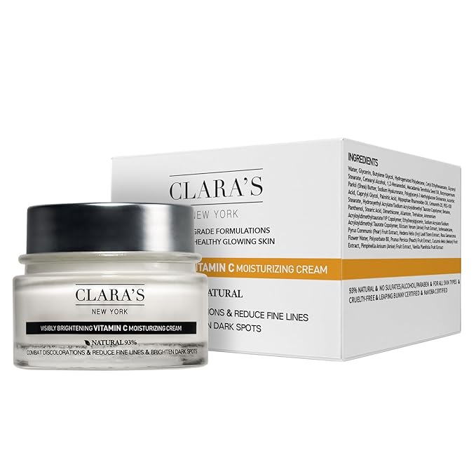CLARA'S NEW YORK | Brightening Vitamin C Moisturizer Face Cream | with Hyaluronic Acid | Acne Scars Dark Spots Reduce Fine Lines, Healthy Glowing Skin | Non-sticky, Fast-absorbing | 50ml MADE IN USA