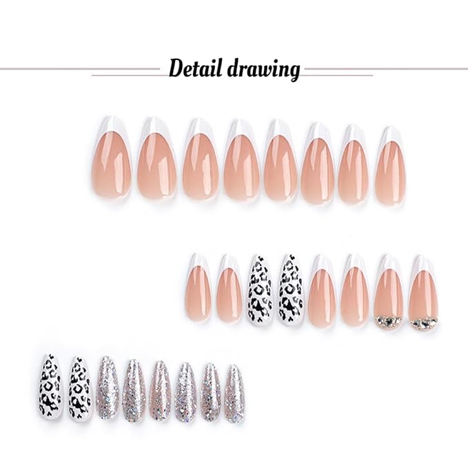 French Tips Press on Nails White with Drill Leopard Print Almond Fake Nails Nude Medium Length False Nails with Designs Full Cover Print Glitter Acrylic Glue on Nails for Women 24 Pcs