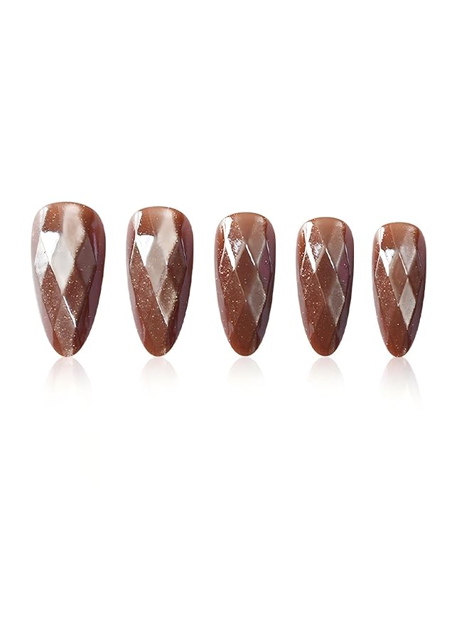Medium Press on Nails Almond Diamond Fake Nails Elegant False Nail Brown Stick on Nails for Women 24pcs
