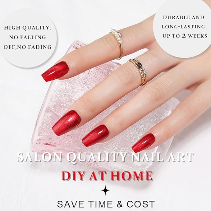 evpct Red Cat Eye Press on Nails Square Medium Coffin, Medium Square Glue on Nails for Women Gift, Red Metallic Glitter Glossy Reusable Spring Summer Stick Gel Press on Acrylic Fake Nail with Designs