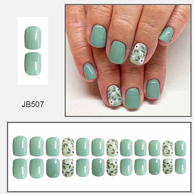 Short Square Fake Nails Green Fake Nails Flower with Leaf Design Cute False Nails Full Cover Acrylic Nails Artificial Nails Glossy Glue on Nails Floral Stick on Nails for Women Manicure 24Pcs