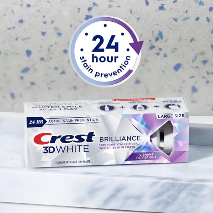 Crest 3D White Brilliance Vibrant Peppermint Teeth Whitening Toothpaste, 4.6 oz Pack of 3, Anticavity Fluoride Toothpaste, 100% More Surface Stain Removal, 24 Hour Active Stain Prevention