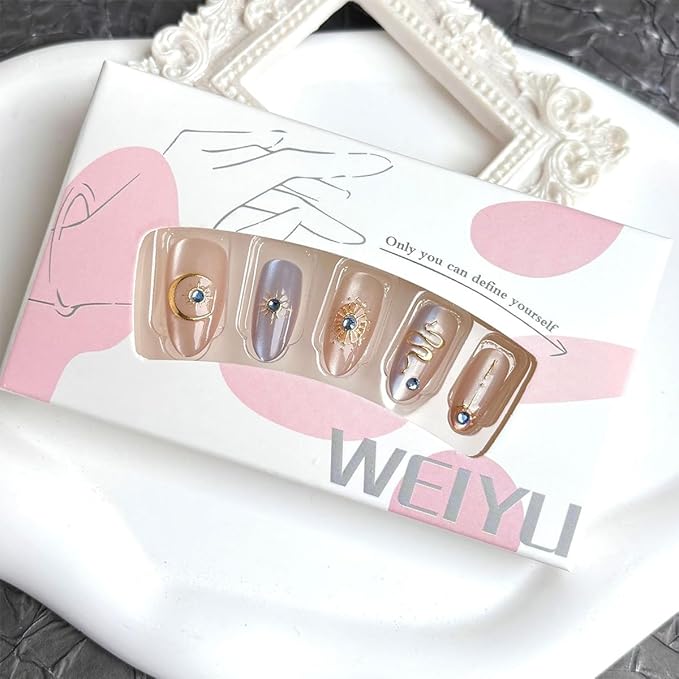 Almond Press on Nails Medium Nude Fake Nails 3D Gold Nails Design Star Moon Rhinestones False Nails Glossy Glue on Nails Artificial Full Cover Stick on Nails for Women Girls Acrylic Manicure 30Pcs