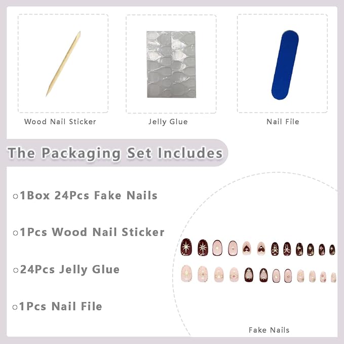 Almond Press on Nails Short Fake Nails with Glitter Pink Rhinestone Design Chrome Gold Stars Bow False Nails Glossy Vintage Red Acrylic Artificial Nails Full Cover Stick on Nails for Women Girls 24Pcs