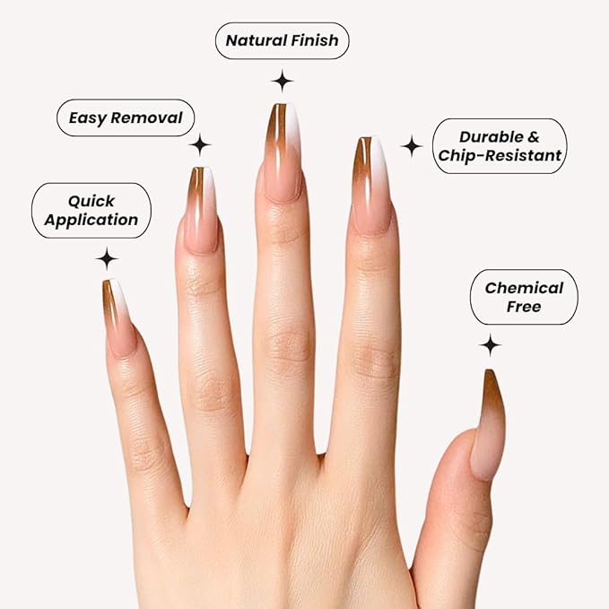 Perfect Look Press On Nails - Chic Glaze | No Glue One-Day Long Coffin Nails, Glossy Pink Swirl French Fake Nails - 24 Pcs Nail Kit with Adhesive Tabs