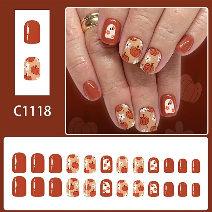 Halloween Press on Nails Short Square Fall Nails Pumpkin Ghost Fake Nails with Flower Designs Full Cover False Nails Cute Halloween Acrylic Nails for Women Manicure Decorations 24Pcs