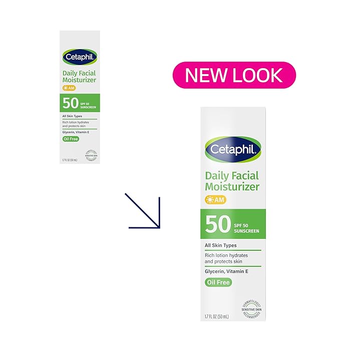 Cetaphil Daily Facial Moisturizer SPF 50, 1.7 Fl Oz (Pack of 2), Gentle Facial Moisturizer For Dry to Normal Skin Types, No Added Fragrance, Dermatologist Recommended (Packaging May Vary)