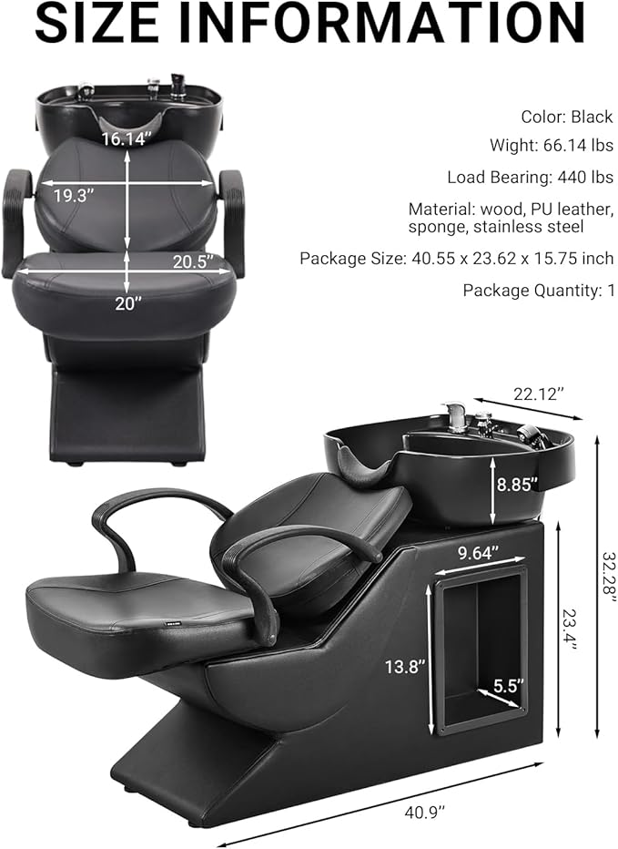 Shampoo Bowl and Chair Set for Salon, ABS Plastic Hair Washing Sink Unit for Hair Stylist, Backwash Barber Sink with Side Store Compartment for Spa Beauty, Black