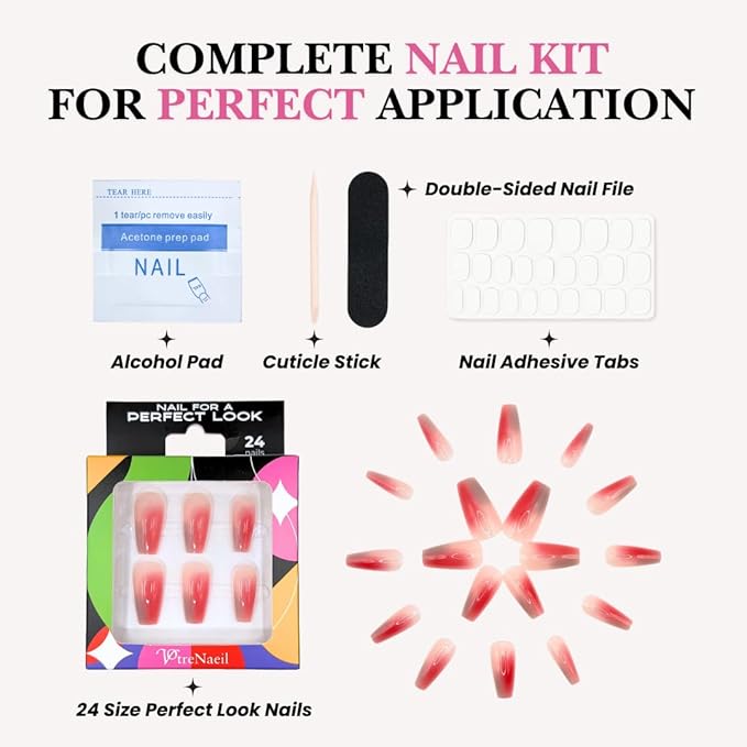 Perfect Look Press On Nails - Peach Bloom | No Glue One-Day Coffin Nails, Glossy Coral Ombre Fake Nails, Natural Look - 24 Pcs Nail Kit with Adhesive Tabs